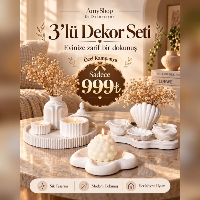 3'lü Dekor Seti – Yivli Vazo ve Mum Seti, Deniz Kabuğu Seti, Bubble Mum ve Tabak