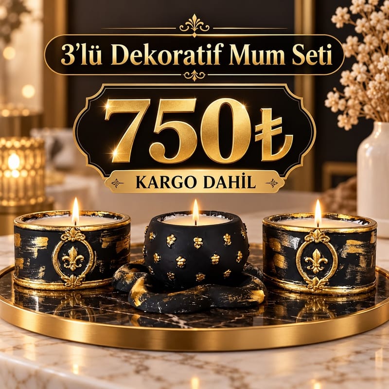 3'lü Dekoratif Mum Seti – Siyah Altın Desenli Mumluklar — kargo dahil ₺750,00