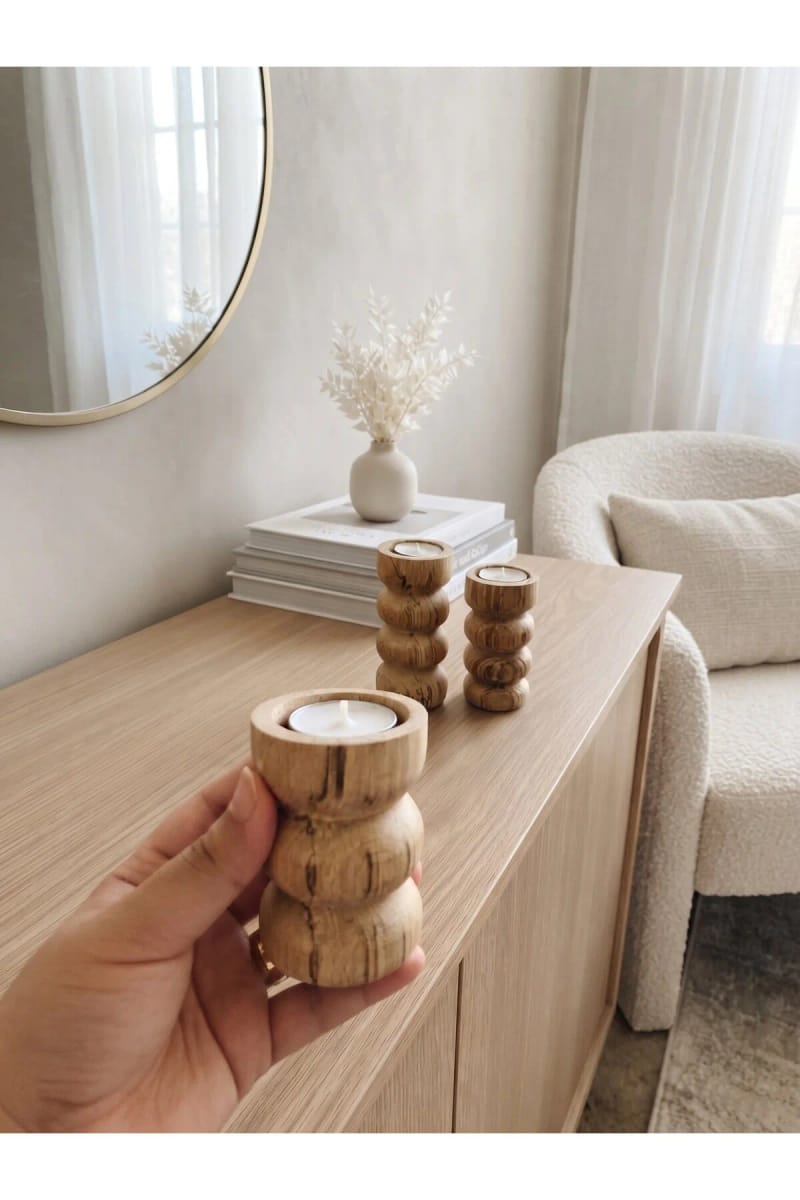 Ahşap Bubble 3'lü Mumluk Seti – Doğal Gürgen, Boyasız küçük görsel 4