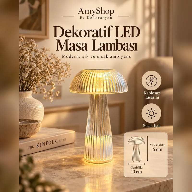 Dekoratif LED Masa Lambası – Kablosuz, Yivli Şeffaf Mantar Tasarım 16 cm