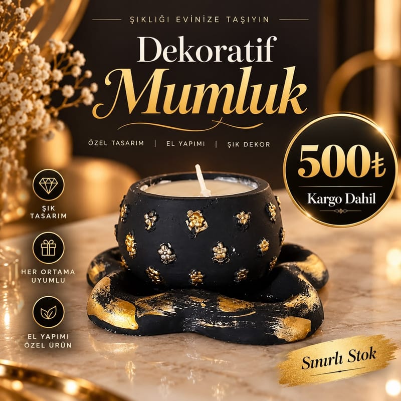 Dekoratif Mumluk – El Yapımı, Siyah Altın Çiçek Desenli, Tabaklı — kargo dahil ₺500,00