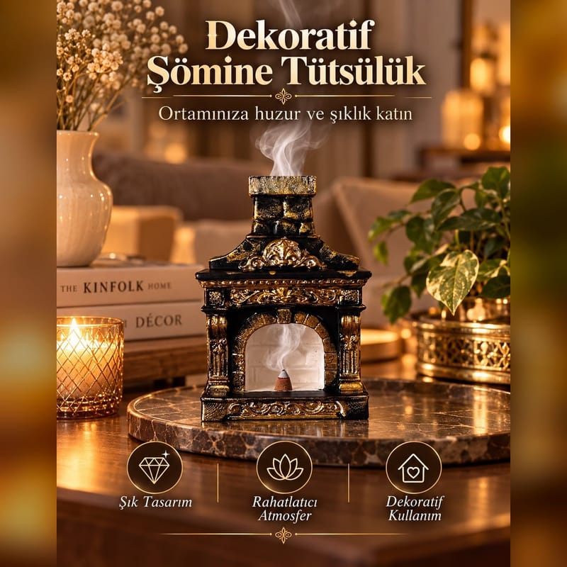 Dekoratif Şömine Tütsülük – Siyah Altın Patine Konik Tütsü Standı küçük görsel 2