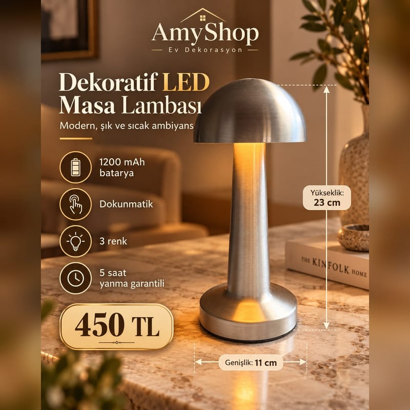 Gümüş Rengi Dokunmatik LED Masa Lambası – 3 Renk, 1200 mAh, 23 cm