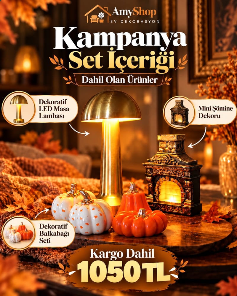 Kampanya Seti – LED Masa Lambası, Mini Şömine ve Balkabağı Seti — kargo dahil ₺1.050,00